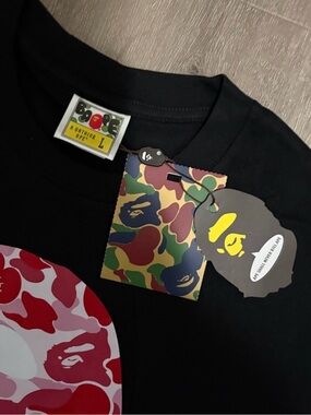 Bape Black Tee with Red & Pink Camo Circle Graphic